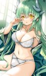  1girl bangs bare_shoulders blush bra breasts cleavage collarbone dragon_girl dragon_horns eyebrows_visible_through_hair fate/grand_order fate_(series) floral_print green_hair green_kimono highres horns japanese_clothes kimono kiyohime_(fate) large_breasts long_hair looking_at_viewer morizono_shiki navel off_shoulder panties parted_lips sitting solo thighs underwear white_bra white_panties wide_sleeves yellow_eyes 