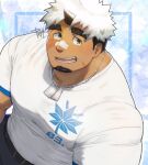  1boy akiha_gongen_(housamo) bandaid bandaid_on_nose bara commentary_request dark-skinned_male dark_skin facial_hair goatee horns large_pectorals looking_at_viewer male_focus multicolored_hair muscular muscular_male pectorals scar scar_across_eye short_hair sideburns single_horn solo thick_eyebrows tokyo_afterschool_summoners two-tone_hair white_hair yanutorie 