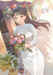  1girl bangs blue_flower bouquet brown_eyes brown_hair commentary_request day dutch_angle eyebrows_visible_through_hair flower highres kitazawa_(embers) long_hair long_sleeves open_mouth original outdoors pink_flower plant potted_plant road solo_focus standing street vietnamese_dress 