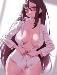  1girl blush breasts brown_eyes brown_hair collarbone collared_shirt dress_shirt earrings fate/grand_order fate_(series) highres jewelry large_breasts long_hair long_sleeves looking_at_viewer multiple_earrings naked_shirt onsoku_inu shirt solo thighs very_long_hair white_shirt yu_mei-ren_(fate) 