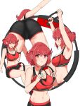  1girl absurdres alternate_costume armpits bangs breasts chest_jewel exercise gymnastics highres joy-con large_breasts pyra_(xenoblade) red_eyes red_hair ring-con ring_fit_adventure shizuki_muika short_hair sweat swept_bangs xenoblade_chronicles_(series) xenoblade_chronicles_2 