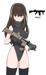  1girl assault_rifle bad_gun_anatomy breasts brown_eyes brown_hair girls&#039;_frontline green_hair grey_leotard gun highleg highleg_leotard highres holding holding_gun holding_weapon jagd large_breasts leotard long_hair m4a1_(girls&#039;_frontline) multicolored_hair rifle solo standing streaked_hair thighhighs weapon white_background 