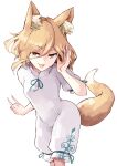  1girl :d animal_ear_fluff animal_ears arm_up bangs blonde_hair blush bow breasts commentary_request covered_navel deetamu dress dress_bow eyebrows_visible_through_hair eyelashes feet_out_of_frame fingernails fox_ears fox_girl fox_shadow_puppet fox_tail full_body green_ribbon hair_between_eyes highres knees kudamaki_tsukasa long_fingernails looking_at_viewer medium_breasts pantylines raised_eyebrows ribbon romper shiny shiny_hair short_hair simple_background smile solo tail thighs touhou uneven_eyes white_background white_dress 