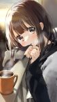  1girl absurdres brown_eyes brown_hair coffee cup highres hood hoodie long_hair nanase_kurumi_(menhera-chan) original pomu scarf winter 