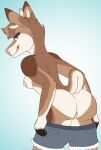  anthro bottomwear breasts brown_body brown_fur cervid clothing female flashing fur genitals grumpy_griffin_creations hi_res mammal pussy shorts solo 