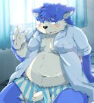  2022 anthro belly black_nose blue_eyes blush canid canine canis censored clothed clothing detailed_background domestic_dog genitals hi_res humanoid_genitalia humanoid_hands humanoid_penis inside kemono male mammal moobs navel open_clothing open_shirt open_topwear overweight overweight_male penis shirt sitting solo topwear tsurugi 
