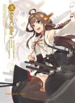  1girl ahoge bangs breasts brown_hair brown_legwear clenched_hand detached_sleeves double_bun eyebrows_visible_through_hair frilled_skirt frills headgear highres kantai_collection kongou_(kancolle) konishi_(koconatu) long_hair nontraditional_miko official_art open_mouth ribbon-trimmed_sleeves ribbon_trim rigging sarashi simple_background skirt thighhighs third-party_source white_background wide_sleeves zoom_layer 