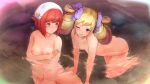  2girls ;d all_fours ass bathing blonde_hair blush bow breasts closed_mouth collarbone completely_nude elise_(fire_emblem) fire_emblem fire_emblem_fates hair_bow multicolored_hair multiple_girls nipples nose_blush nude nyc one_eye_closed onsen open_mouth partially_submerged purple_bow purple_eyes purple_hair red_eyes red_hair sakura_(fire_emblem) short_hair small_breasts smile twintails two-tone_hair water 