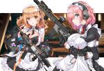  2girls assault_rifle bangs barcode black_gloves black_jacket blonde_hair blue_eyes blush breasts commentary_request eyebrows_visible_through_hair fatkewell frilled_shirt frills gloves gun headset highres holding holding_gun holding_weapon id_card jacket long_sleeves looking_at_viewer magazine_(weapon) maid maid_headdress multiple_girls original pink_hair rifle scope shirt short_hair smile standing weapon yellow_eyes 