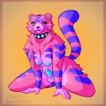  alpha_werehimbo animal_crossing anthro breasts claudia_(animal_crossing) collar felid fur genital_piercing genitals gynomorph hi_res intersex mammal nintendo pantherine penis penis_piercing piercing pink_body pink_fur slightly_chubby solo studded_collar tiger video_games 