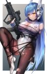  1girl assault_rifle blue_hair brown_legwear bullpup commission dano english_commentary girls&#039;_frontline gun hexagram highres holding holding_gun holding_weapon imi_tavor_tar-21 leotard long_hair pantyhose restrained rifle robot_ears shoes smile solo standing standing_on_one_leg star_of_david tar-21_(girls&#039;_frontline) torn_clothes torn_legwear torn_leotard very_long_hair weapon white_footwear white_leotard yellow_eyes 