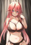  1girl aty_(summon_night) bangs black_bra black_panties blue_eyes bra breasts cleavage commentary_request commission curtains eyebrows_visible_through_hair groin hair_between_eyes highres itaco large_breasts long_hair looking_at_viewer navel panties red_hair skeb_commission solo stomach summon_night summon_night_3 underwear underwear_only upper_body very_long_hair 