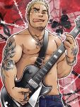  1boy bara commentary_request electric_guitar facial_hair gibson_les_paul guitar instrument jewelry large_pectorals male_focus mature_male muscular muscular_male necklace nipples open_mouth original pectorals solo suv tattoo tongue tongue_out topless topless_male 