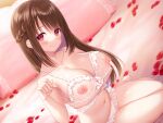  1girl areolae arm_under_breasts bangs bare_shoulders bed bed_sheet blush bra braid breast_hold breasts brown_hair cleavage closed_mouth collarbone eyebrows_visible_through_hair fingernails french_braid frilled_bra frilled_panties frills front-tie_bra hair_intakes hand_up highres indoors itsuki_jun large_breasts long_hair looking_at_viewer midriff nail_polish navel nipples official_art on_bed original panties petals pillow pink_nails red_eyes see-through sidelocks sitting sitting_on_bed skindentation smile solo spaghetti_strap stomach underwear white_bra white_panties 
