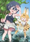  2girls animal_ear_fluff animal_ears animal_print black_eyes black_hair blonde_hair bow cat_ears cat_tail closed_eyes elbow_gloves footwear_ribbon gloves happy highres idont_hear jungle kaban_(kemono_friends) kemono_friends multiple_girls nature pantyhose playing ripples river rock serval_(kemono_friends) shirt splashing tail tank_top torn_clothes water wet wet_clothes wet_hair wet_shirt 