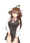  1girl absurdres ahoge alternate_costume brown_hair brown_skirt brown_vest cowboy_shot double_bun hairband highres kantai_collection kongou_(kancolle) long_hair looking_at_viewer minoa_11touhei neck_ribbon one-hour_drawing_challenge pleated_skirt purple_eyes red_ribbon ribbon simple_background skirt skirt_hold solo vest white_background younger 