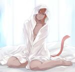  1boy animal_ears babape bangs bed bed_sheet cat_boy cat_ears cat_tail covering facial_mark final_fantasy final_fantasy_xiv g&#039;raha_tia highres looking_at_viewer male_focus medium_hair miqo&#039;te nude nude_cover red_eyes red_hair smile solo tail yaoi 