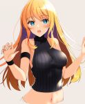  1girl bangs bare_shoulders blonde_hair blue_eyes blush breasts large_breasts long_hair looking_at_viewer midriff navel open_mouth original raised_eyebrows sideboob solo stomach toyomi_13 turtleneck upper_body white_background 