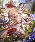  1girl arms_up blonde_hair brown_eyes choker detached_sleeves dionne_dancing_blade floating_hair flower frilled_choker frills hair_flower hair_ornament holding holding_sword holding_weapon liiko long_hair looking_at_viewer official_art open_mouth shadowverse skirt solo sword weapon 