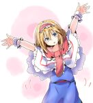  1girl \||/ alice_margatroid arms_up bangs blonde_hair blue_dress blue_eyes blush capelet commentary_request dondyuruma dress eyebrows_visible_through_hair frilled_capelet frilled_cuffs frilled_hairband frilled_neckwear frills hair_between_eyes hairband head_tilt leaning_to_the_side lolita_hairband looking_at_viewer medium_hair motion_lines necktie open_mouth outline outstretched_arms red_hairband red_necktie red_sash sash solo touhou white_capelet wrist_cuffs 