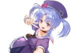  1girl bangs blue_hair character_request choker dress frills hand_up hat hat_ornament igarashi_youhei looking_at_viewer necktie open_mouth purple_dress purple_eyes reaching_out sailor_collar shadowverse short_sleeves simple_background smile solo twintails v white_background 