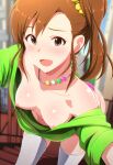  1girl :d blush breasts brown_hair collarbone downblouse futami_mami highres idolmaster idolmaster_(classic) jewelry necklace nipple_slip nipples no_bra one_side_up open_mouth outdoors selfie small_breasts smile solo star_(symbol) sweat sweatdrop tengu_(tetuo_kun) thighhighs white_legwear 