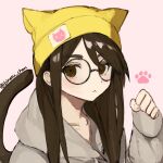  1girl animal_ears animal_print animification artist_name beanie binetu_chan black_hair brown_eyes cat_ears cat_girl grey_hoodie hair_behind_ear hat highres hood hoodie killjoy_(valorant) looking_at_viewer pink_background pose round_eyewear simple_background tail twitter_username valorant yellow_headwear 