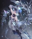  1girl armored_boots blue_hair bodysuit boots breasts closed_mouth detached_collar dragon_horns dragon_tail flower hair_flower hair_ornament headpiece holding holding_weapon horns igarashi_youhei medium_breasts official_art pointy_ears purple_eyes shadowverse short_hair solo standing tail weapon whitefrost_dragonewt_filene 