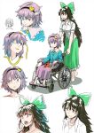  2girls bandages barefoot black_hair blue_jacket bow brown_hair expressions eyepatch green_bow green_skirt heart highres iroiro_yaru_hito jacket komeiji_satori long_hair motion_lines multiple_girls pink_hair pink_skirt puffy_short_sleeves puffy_sleeves purple_hair red_eyes reiuji_utsuho shirt short_hair short_sleeves simple_background sketch skirt slippers smle surprised third_eye touhou very_long_hair wheelchair white_background white_shirt 