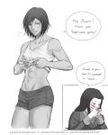  2girls asami_sato avatar_(series) black_hair blood blush covering_nose dark_skin deviantart_username dripping greyscale gumbat korra looking_at_another looking_away monochrome multiple_girls nosebleed panel_gag patreon_username short_hair short_shorts shorts simple_background smile speech_bubble sports_bra sweat sweating_profusely tank_top the_legend_of_korra tumblr_username wet white_background yuri 