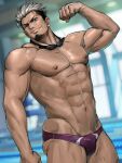  &gt;_o 1boy abs ass bara biceps blurry blurry_background bulge closed_mouth facial_hair flexing goatee goggles goggles_around_neck large_pectorals looking_at_viewer male_focus male_swimwear muscular muscular_male navel nipples one_eye_closed original pectorals pose purple_male_swimwear short_hair shunta sideburns silver_hair solo swim_trunks undercut 
