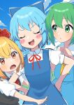  3girls :d :o ascot bangs blonde_hair blue_bow blue_dress blue_hair blue_sky blush blush_stickers bow buttons cirno cloud collared_shirt commentary_request daiyousei day dress eyelashes fairy_wings fang green_eyes hair_between_eyes hair_bow hair_ribbon hands_on_hips highres ice ice_wings looking_at_another miz_(mizillustration) multiple_girls neck_ribbon open_mouth pinafore_dress puffy_short_sleeves puffy_sleeves red_ascot red_eyes red_ribbon ribbon rumia shiny shiny_hair shirt short_hair short_sleeves sky smile smug standing teeth tongue touhou upper_body upper_teeth white_shirt wing_collar wings 