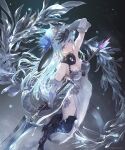  1girl armored_boots blue_hair boots breasts closed_mouth detached_collar dragon_horns dragon_tail dress flower hair_flower hair_ornament headpiece holding holding_weapon horns igarashi_youhei long_hair medium_breasts official_art pelvic_curtain pointy_ears purple_eyes shadowverse side_slit solo standing tail weapon whitefrost_dragonewt_filene 