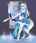  anthro archer armband arrow blue_eyes bottomwear bow bowlance canid canine canis claws clothing female finger_claws fur head_markings hi_res legband loincloth mammal markings moriah purplelemons weapon white_body white_fur wolf 