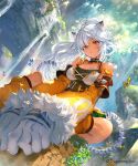  1girl animal_ears animal_hands black_choker breasts bug butterfly choker company_name copyright detached_sleeves gloves igarashi_youhei ladica_(shadowverse) light_rays medium_breasts nature official_art paw_gloves red_eyes shadowverse sitting solo sunbeam sunlight tail white_hair 