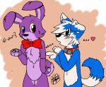  &lt;3 2014 anthro bandai_namco biped black_nose blue_body blue_ears blue_eyes blue_fur blue_hair blush bonnie_(fnaf) bow_tie brown_background collar dialogue digimon digimon_(species) dipstick_tail duo five_nights_at_freddy&#039;s floppy_ears fur gaokun gaokun_(character) gaomon hair lagomorph leporid looking_at_another male mammal markings multicolored_body multicolored_ears multicolored_fur multicolored_hair open_mouth poking purple_body purple_fur purple_hair purple_inner_ear rabbit red_collar red_eyes scottgames simple_background stuttering tail_markings two_tone_body two_tone_ears two_tone_fur two_tone_hair video_games watermark white_body white_ears white_fur white_hair white_inner_ear 