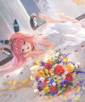  1girl ahoge bangs black_choker blue_eyes bouquet choker company_name copyright dress flower hairband headgear igarashi_youhei legs_up lishenna_omen_of_destruction long_hair looking_at_viewer lying official_art on_stomach open_mouth petals pink_hair shadowverse smile solo white_dress 