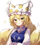  1girl bangs blonde_hair closed_mouth eyebrows_visible_through_hair fox_tail hands_in_opposite_sleeves hat highres looking_at_viewer moshihimechan multiple_tails pillow_hat short_hair simple_background solo tabard tail touhou upper_body white_background white_headwear yakumo_ran yellow_eyes 