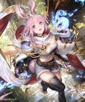  1girl animal_ears blue_eyes braid breasts character_request choker fire fur_trim leg_up liiko looking_at_viewer medium_breasts navel official_art open_mouth pink_hair shadowverse shoes shorts side_braid solo tail thighhighs 