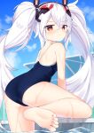  1girl animal_ears ass azur_lane back barefoot blue_sky blue_swimsuit climbing cloud cloudy_sky competition_school_swimsuit day embarrassed eyebrows_visible_through_hair fake_animal_ears hair_between_eyes hairband highres laffey_(azur_lane) looking_at_viewer looking_back one-piece_swimsuit outdoors partially_submerged pool pool_ladder poolside rabbit_ears red_eyes school_swimsuit shinko_gunsei sky solo swimsuit twintails water wet wet_clothes wet_swimsuit white_hair 