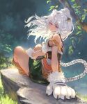  1girl ahoge animal_ears animal_hands armlet breasts closed_mouth floating_hair fur_trim gloves igarashi_youhei indian_style knees_up ladica_(shadowverse) long_hair looking_at_viewer medium_breasts official_art paw_gloves purple_eyes shadowverse sitting skirt smile solo tail white_hair 