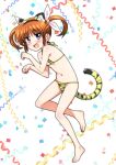  1girl 2022 absurdres animal_ears bikini blue_eyes blush breasts brown_hair chinese_zodiac confetti eyebrows_visible_through_hair fake_animal_ears fake_tail hair_ornament hair_ribbon highres looking_at_viewer lyrical_nanoha mahou_shoujo_lyrical_nanoha mahou_shoujo_lyrical_nanoha_a&#039;s micro_bikini miyajima_hitoshi navel open_mouth ribbon shiny shiny_hair shiny_skin short_hair simple_background small_breasts smile solo swimsuit tail takamachi_nanoha tiger_ears tiger_tail twintails white_background year_of_the_tiger 