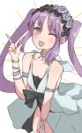  1girl ;d absurdres bangs bare_shoulders blush bracelet breasts collarbone dress euryale_(fate) fate/hollow_ataraxia fate_(series) frilled_hairband frills hairband highres index_finger_raised jewelry kopaka_(karda_nui) long_hair looking_at_viewer neck_ring necklace one_eye_closed open_mouth purple_eyes purple_hair sidelocks simple_background small_breasts smile solo thighs twintails very_long_hair white_background white_dress 