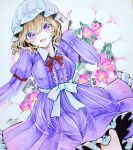  1girl blonde_hair breasts center_frills chaka3464 dress eyelashes flower frilled_dress frills hand_in_hair hat juliet_sleeves long_sleeves maribel_hearn medium_breasts mob_cap open_mouth pink_flower puffy_sleeves purple_dress purple_eyes short_hair touhou traditional_media 