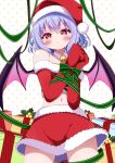  1girl blue_hair blush christmas closed_mouth elbow_gloves eyebrows_visible_through_hair g4ku gloves hat heart heart-shaped_pupils highres lips looking_at_viewer off-shoulder_shirt off_shoulder red_eyes red_gloves red_shirt remilia_scarlet santa_costume santa_hat shirt short_hair solo symbol-shaped_pupils touhou wings 