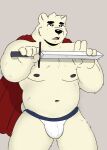  2022 angeldagoof anthro belly black_nose bulge cape clothing hi_res humanoid_hands male mammal melee_weapon moobs navel nipples overweight overweight_male polar_bear simple_background solo sword underwear ursid ursine weapon white_body 