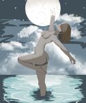  1girl absurdres ass ballet breasts brown_hair cloud cloudy_sky completely_nude dancing disintegration english_commentary highres itsuwami medium_breasts medium_hair moon night night_sky nipples nude ocean original sky solo standing standing_on_one_leg star_(sky) wading 