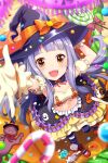  1girl absurdres alternative_girls breasts candy candy_cane cat cleavage food gloves hat highres hiiragi_tsumugi long_hair looking_at_viewer official_art open_mouth orange_footwear purple_hair smile solo striped striped_legwear white_cat witch_hat yellow_eyes 