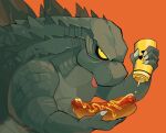  2018 ambiguous_gender bottle claws close-up fang_out food godzilla godzilla_(2014) godzilla_(series) grey_body grey_scales grey_skin hi_res holding_bottle holding_food holding_object hot_dog kaiju ketchup koroguchi looking_at_viewer monster mustard nude orange_background pupils radiation_symbol reptile scales scalie semi-anthro sharp_claws signature simple_background small_pupils solo spinal_plates squeeze_bottle symbol toho tongue tongue_out yellow_sclera 