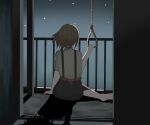  1girl balcony barefoot belt brown_hair commentary english_commentary from_behind highres indoors itsuwami night night_sky noose original rope shirt skirt sky solo star_(sky) suicide suspender_skirt suspenders white_shirt 